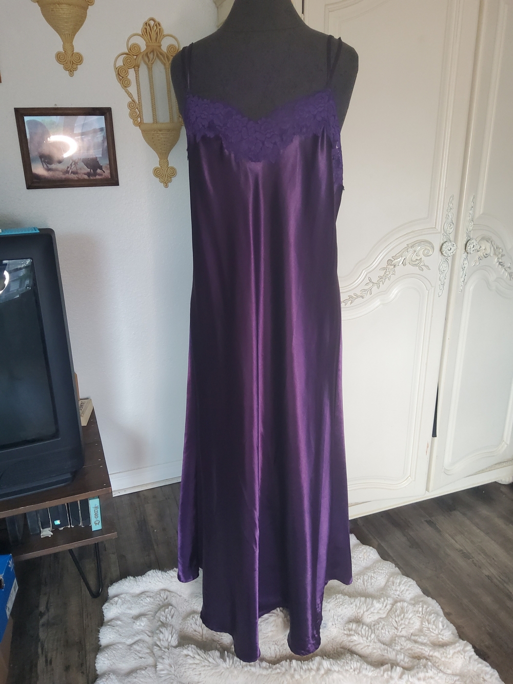 90s Whimisical Plum Silky Purple Lace-Trim Deep V Back Slip